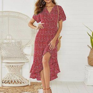 Red Floral Dress Wrap Midi Extra Large, Ankle Length